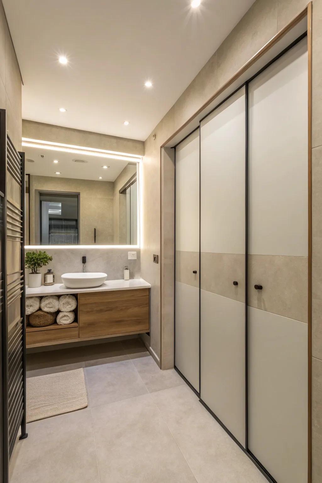 Elegant sliding panels introduce a contemporary element to any bathroom.