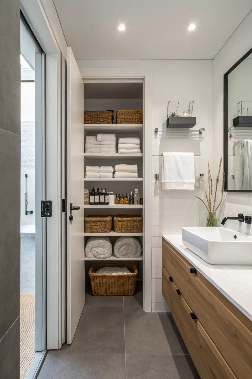 Exposed shelving provides accessibility and a minimalist aesthetic.