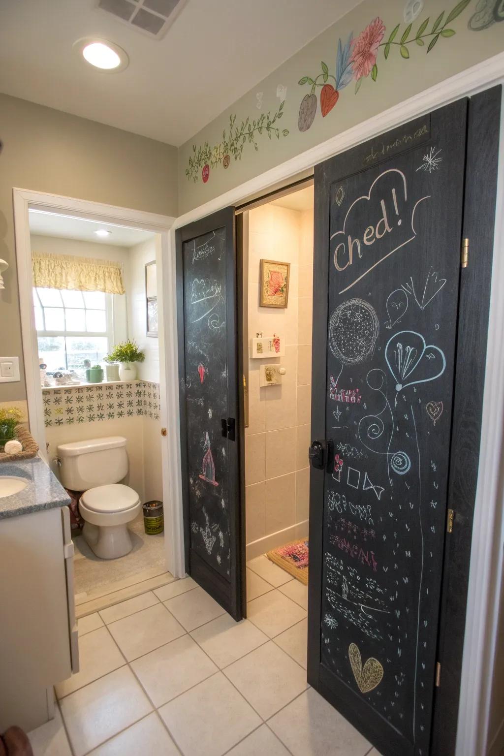 Chalkboard coating transforms panels into creative canvases.
