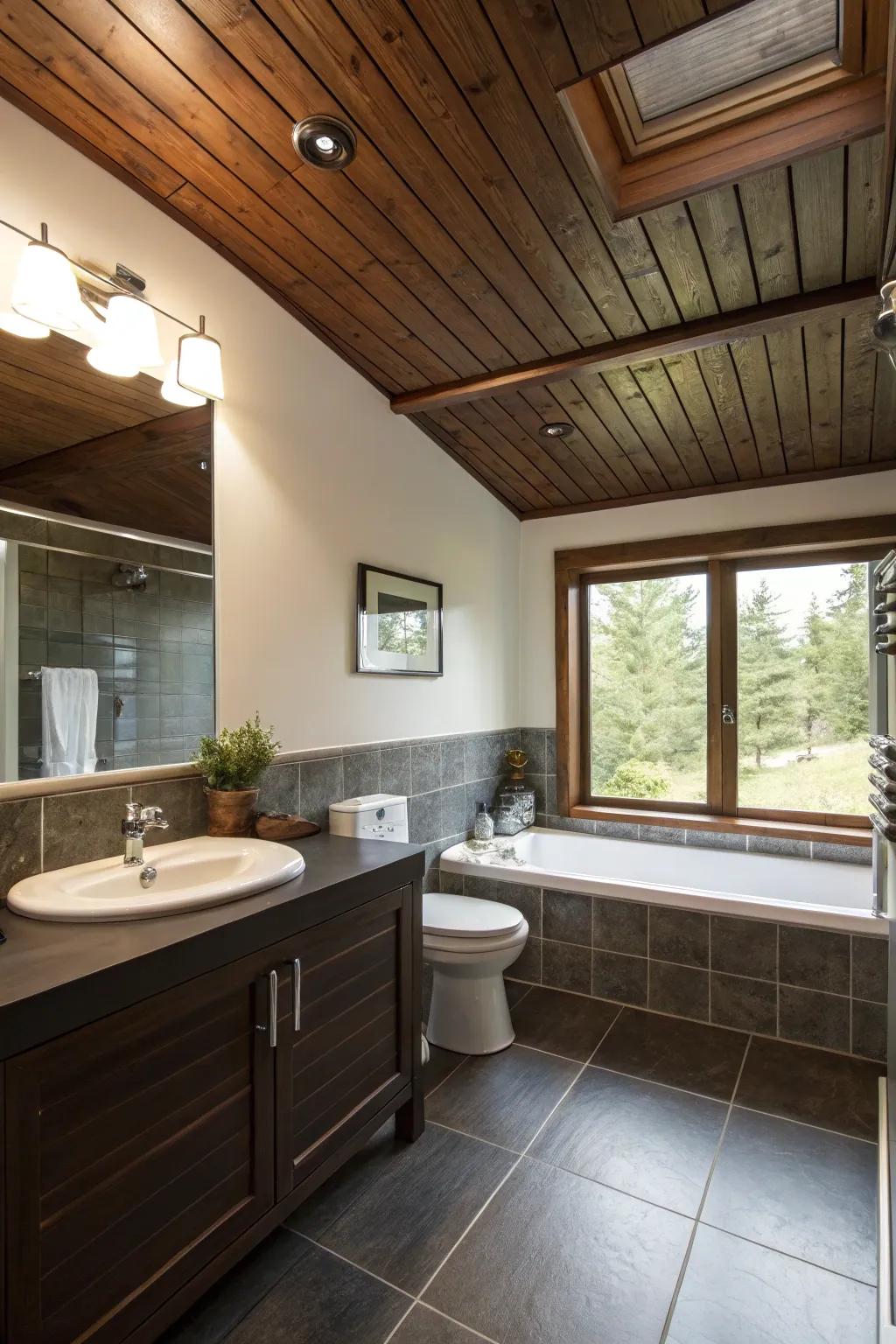A dark wood featured ceiling adds an unexpected twist to this restroom.