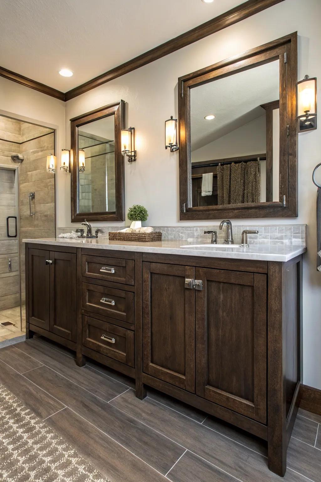 A distinctively shaped mirror enhances the up-to-date allure of dark wood.