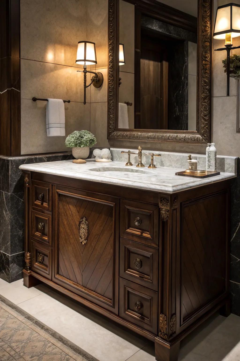 A traditionally styled dark wood vanity beautifully paired with a sleek marble surface.