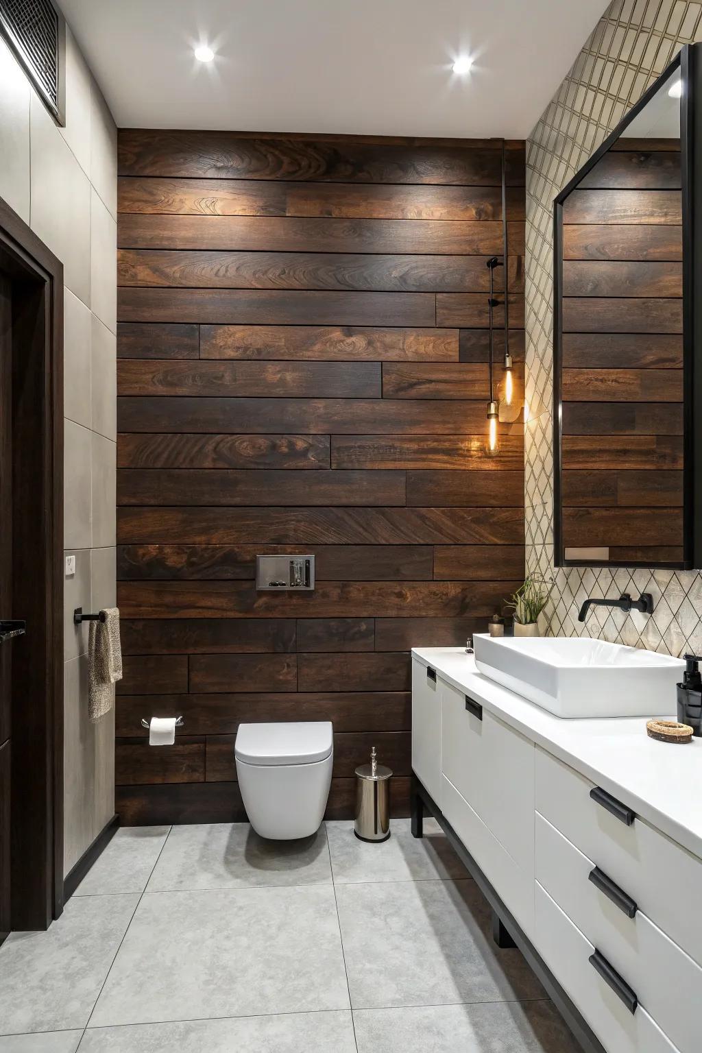 A striking feature wall adds a dramatic touch to this dark wood restroom.