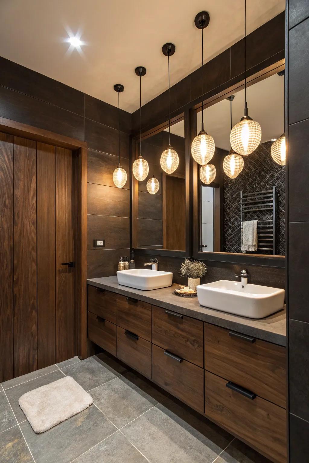 Inviting lighting highlights the dark wood aspects of this restroom.