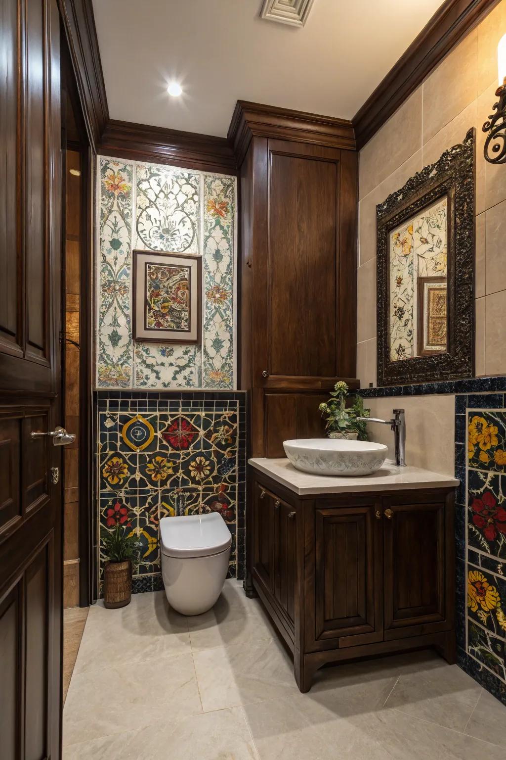 Artistic tiles add an unforeseen flair to the dark wood restroom.