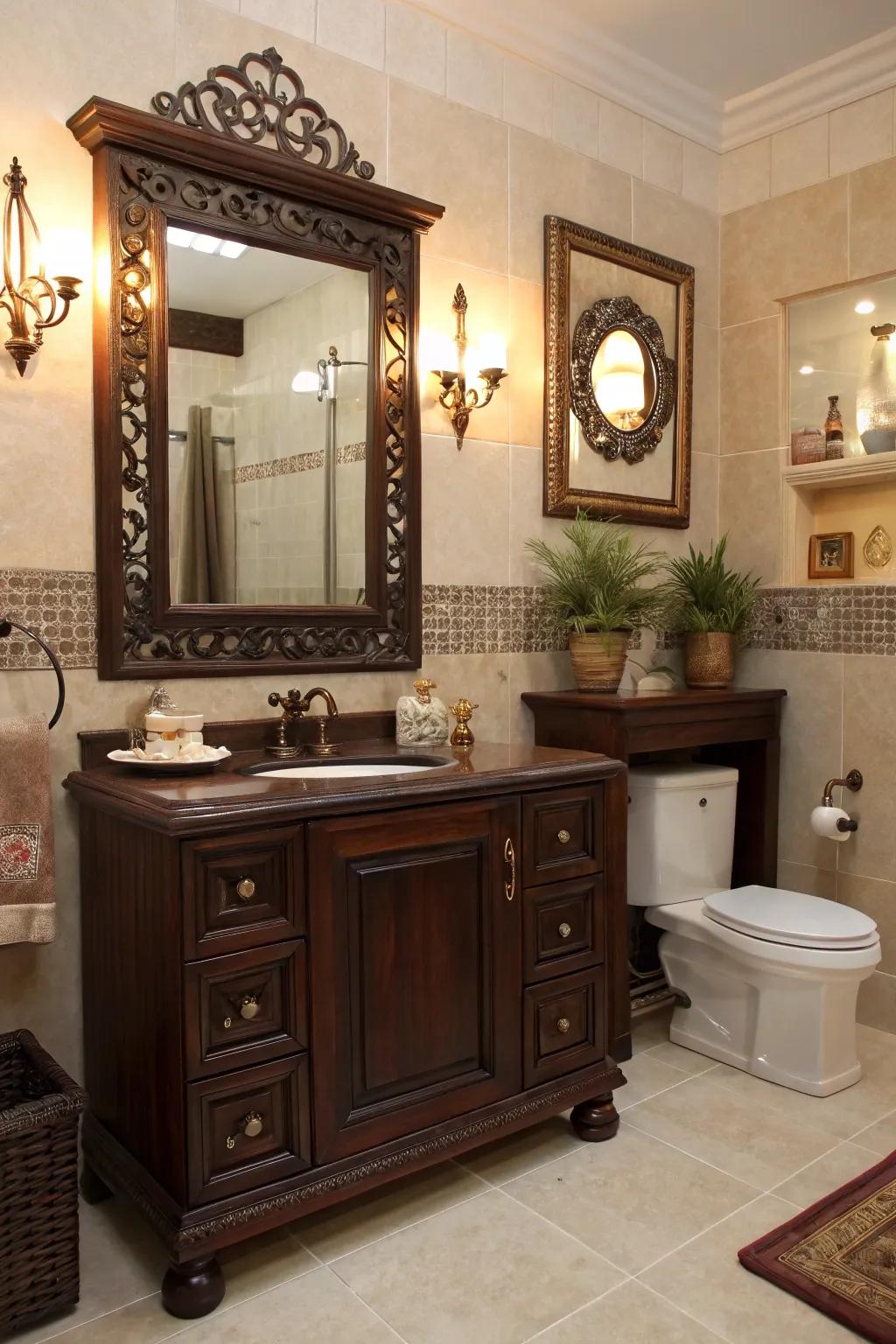 Decorative features add personality to this dark wood-themed restroom.