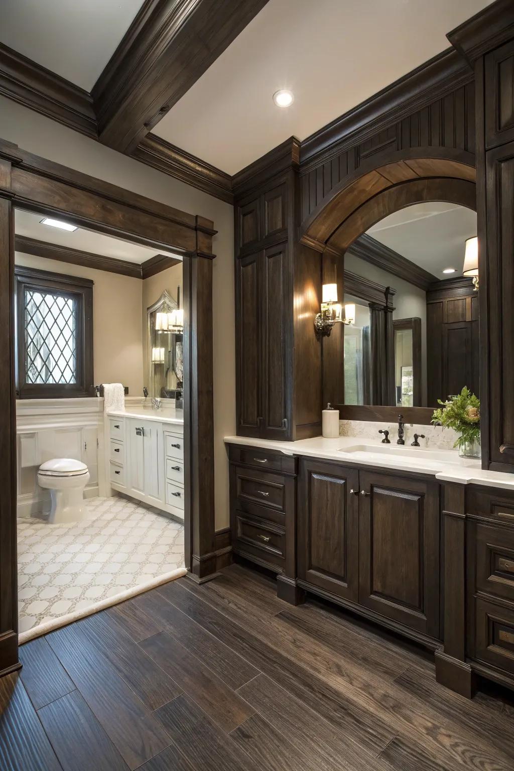 Dark wood highlights the architectural sophistication of this restroom.