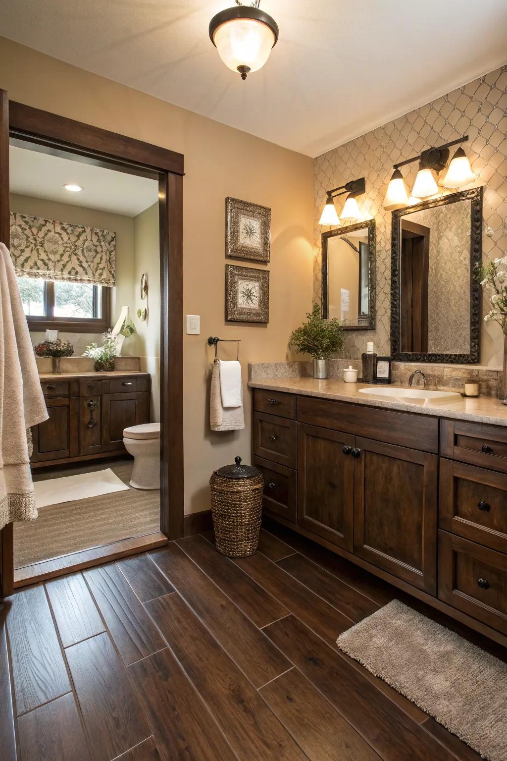 Dark timber flooring adds a cohesive and extravagant feel to this restroom.