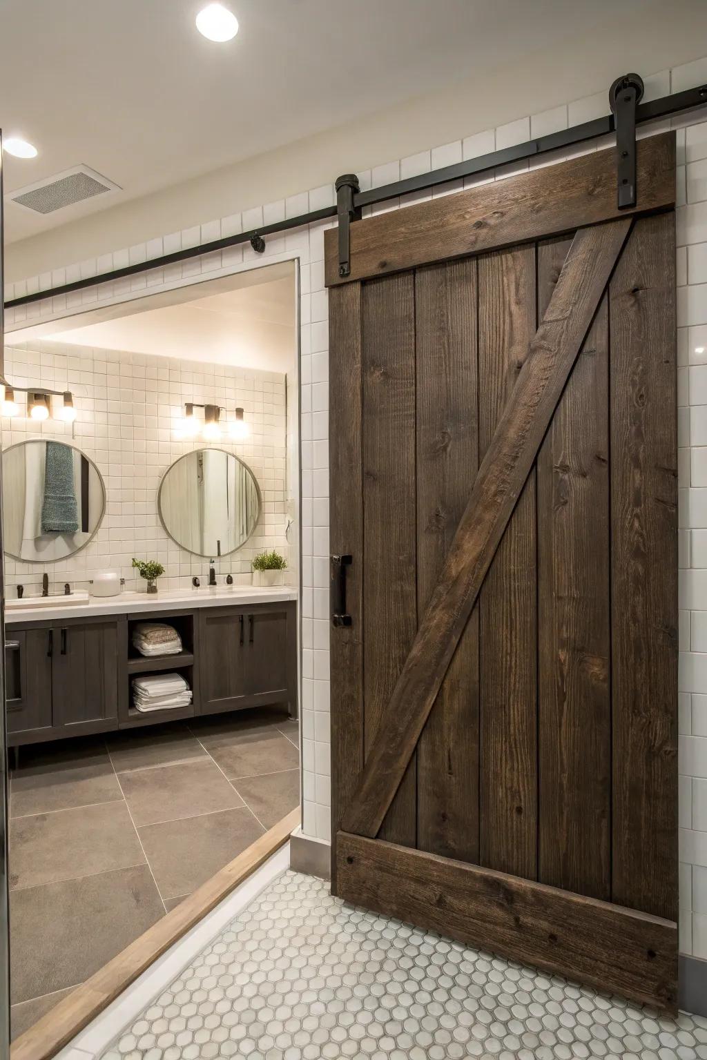 A sliding barn door introduces rustic charm to this up-to-date restroom.