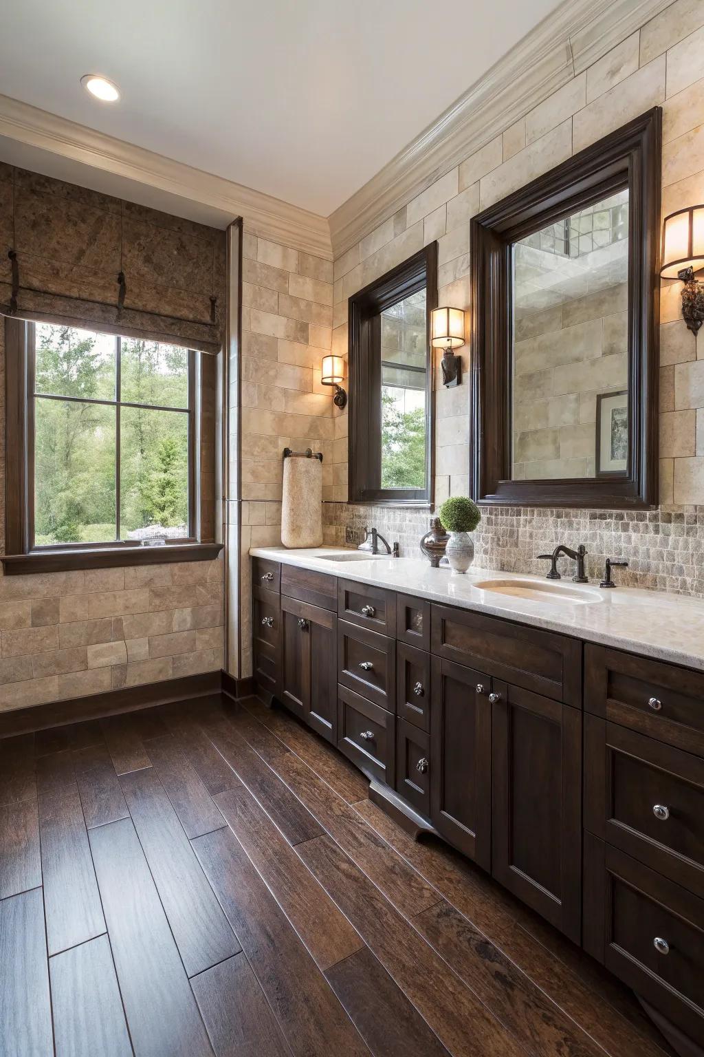 Natural parts like stone and flora enhance the calming vibe of dark wood.