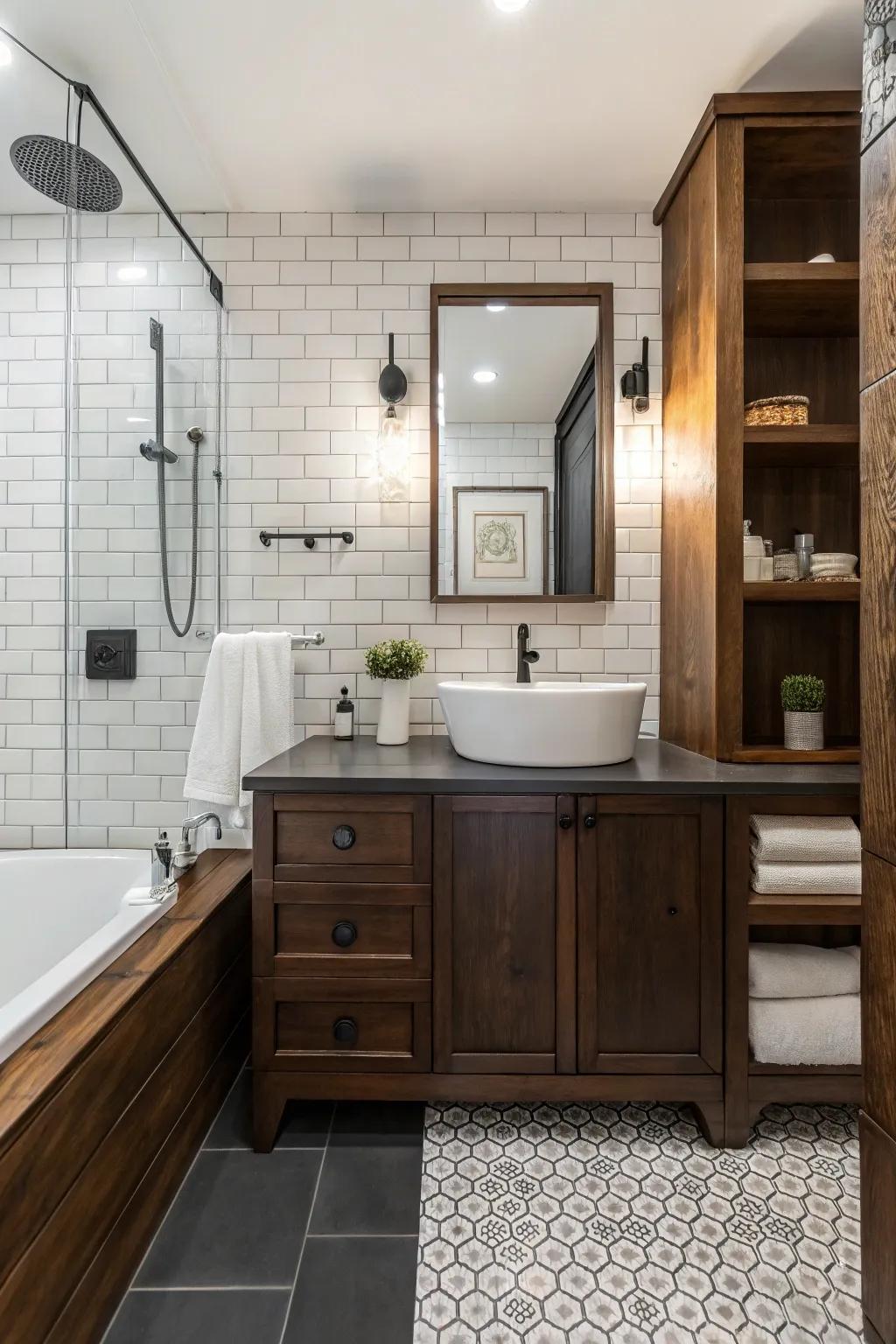 A blend of materials creates a balanced mix of textures in this restroom.
