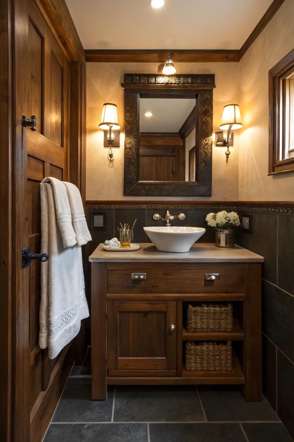 A pleasing ambiance formed by the warm tones of dark wood and subdued lighting.