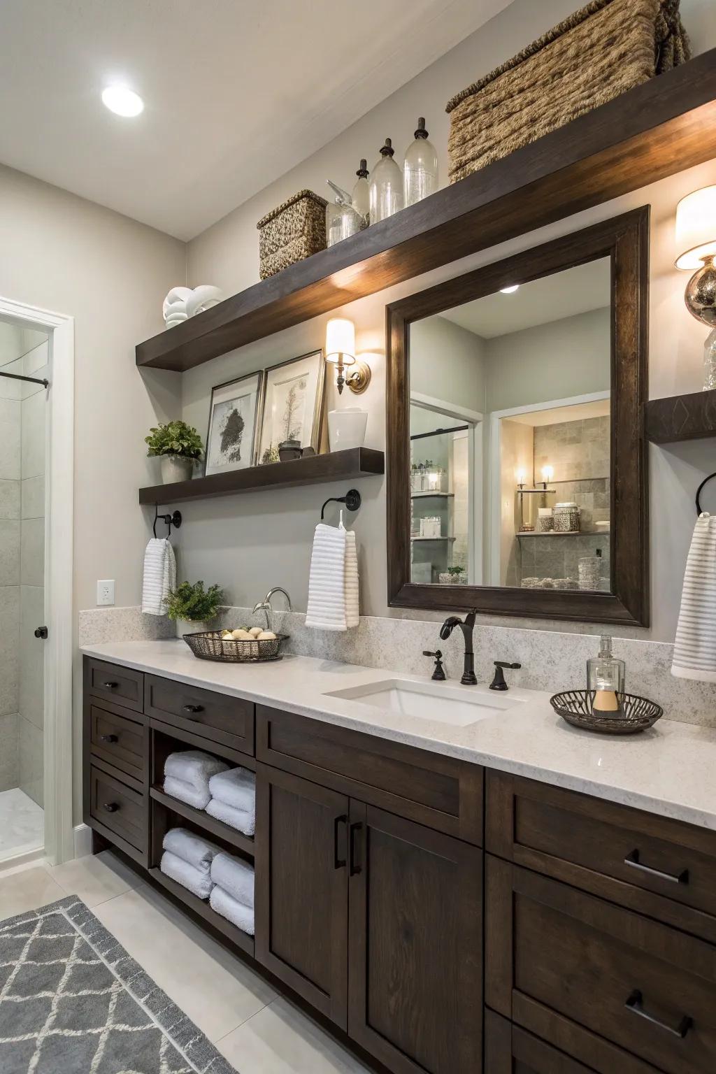 Hanging shelves provide smooth storage solutions in this restroom.