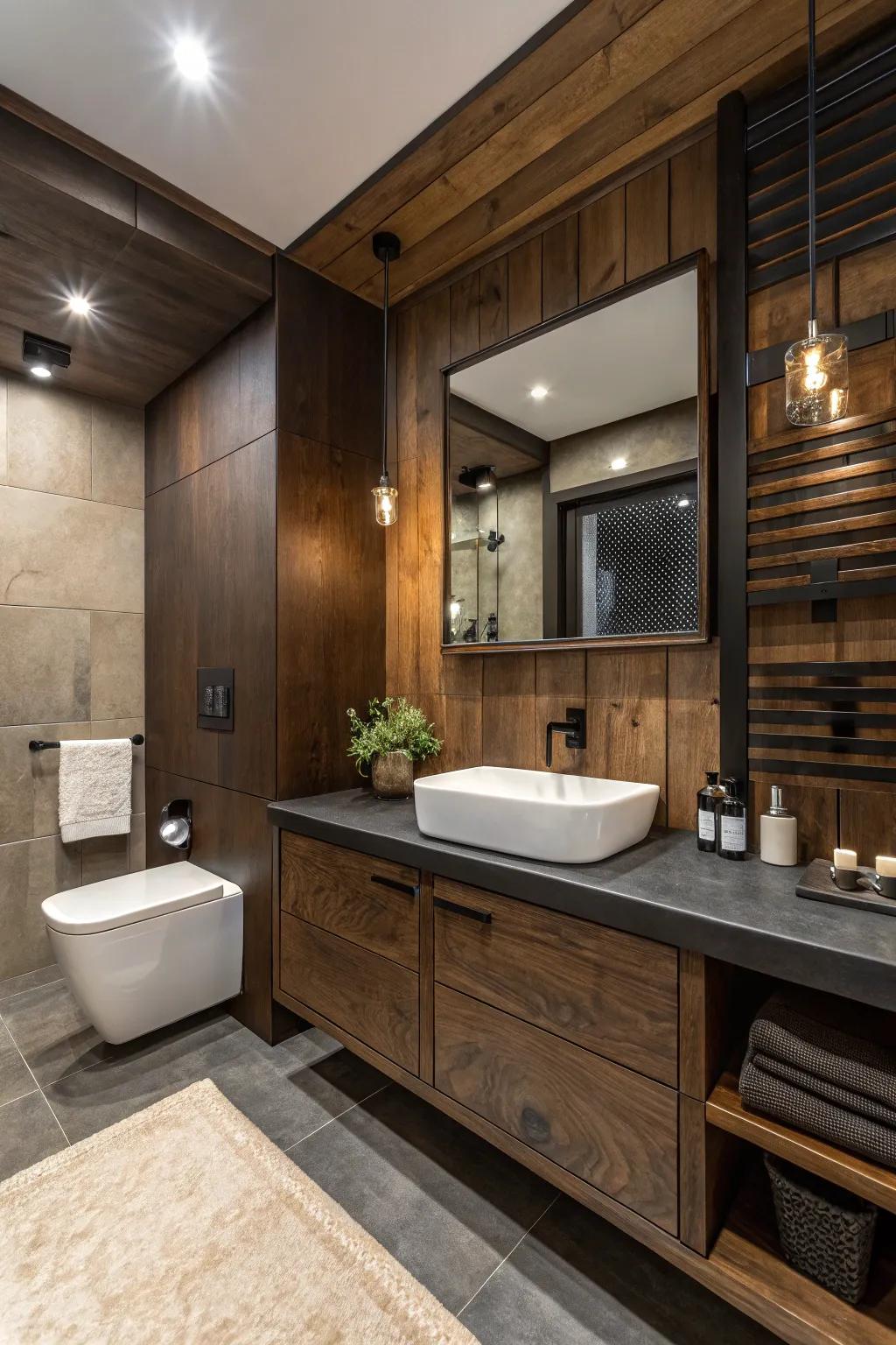 Up-to-date fittings provide a up-to-date edge to this dark wood restroom.