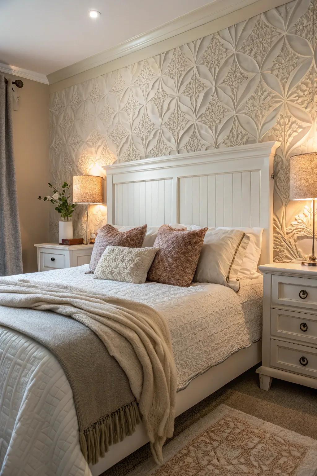 Textured walls offer a stunning backdrop for a white headboard.