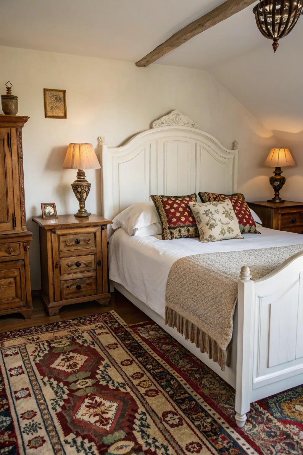 Vintage accents add character and charm to the bedroom.