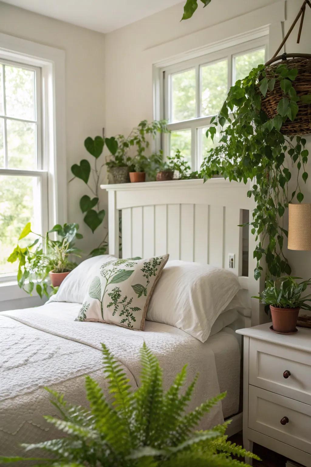 Greenery adds vibrancy to the bedroom.