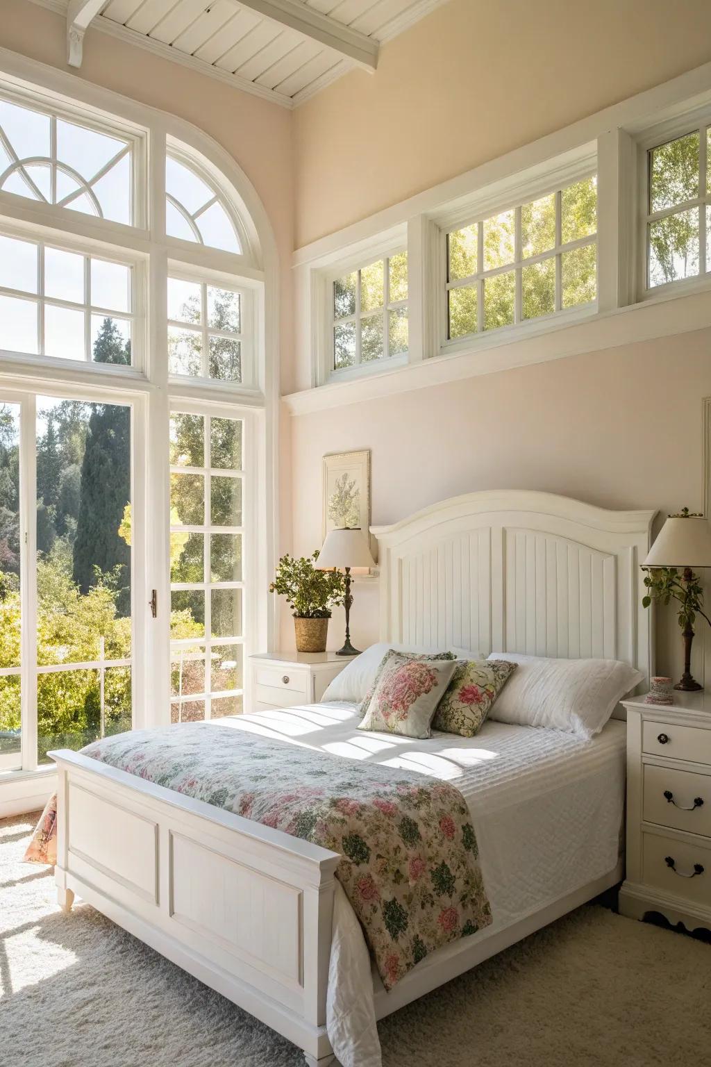 Natural light highlights the sophistication of a white headboard.