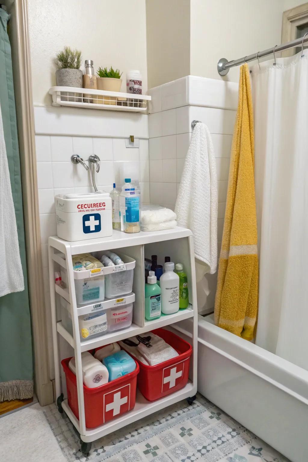 A place for emergency supplies introduces practicality and care to the restroom.