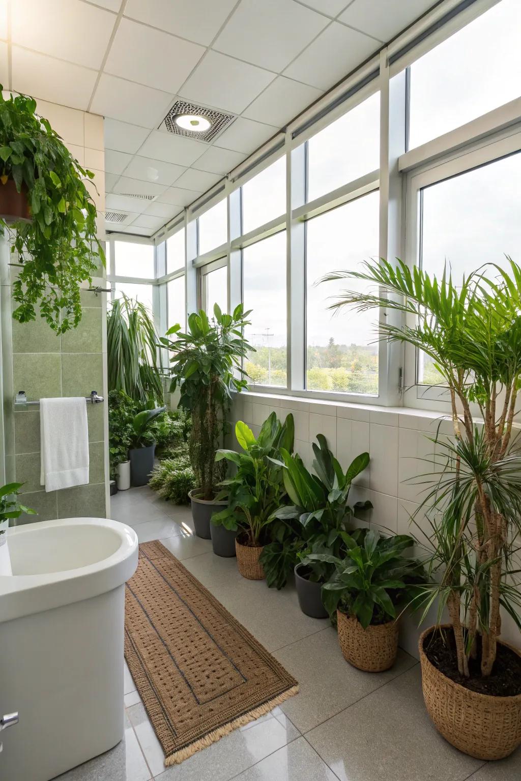Abundant greenery offers a revitalizing component to this workplace restroom.