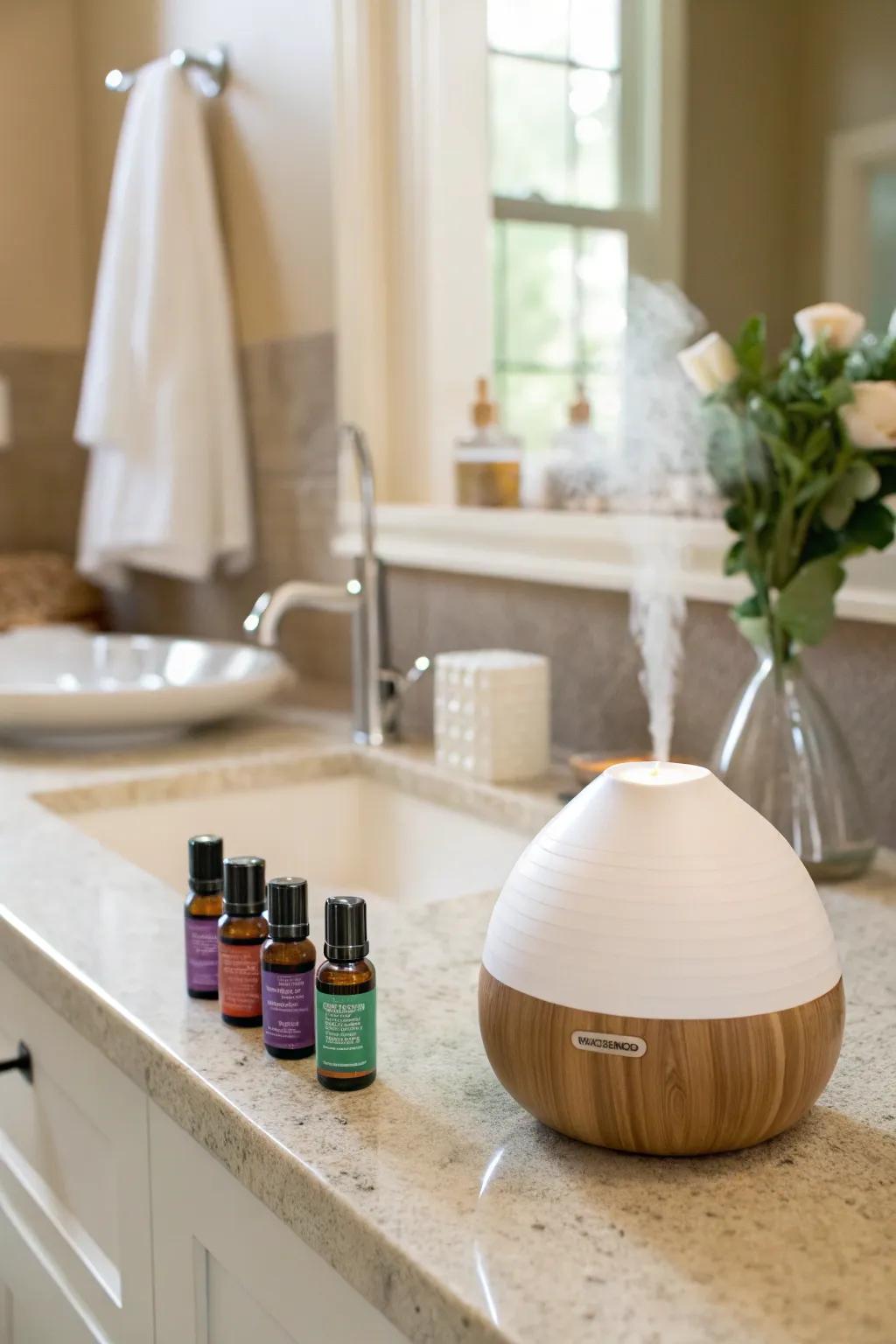 An essential oil diffuser imparts a soothing scent to the restroom.