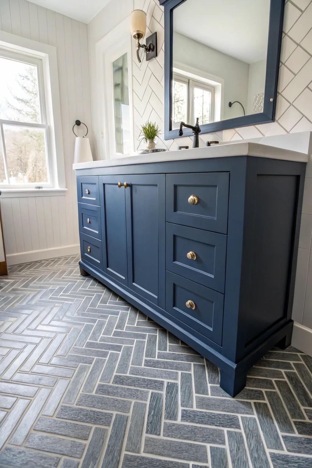 Herringbone tiles introduce visual intrigue.
