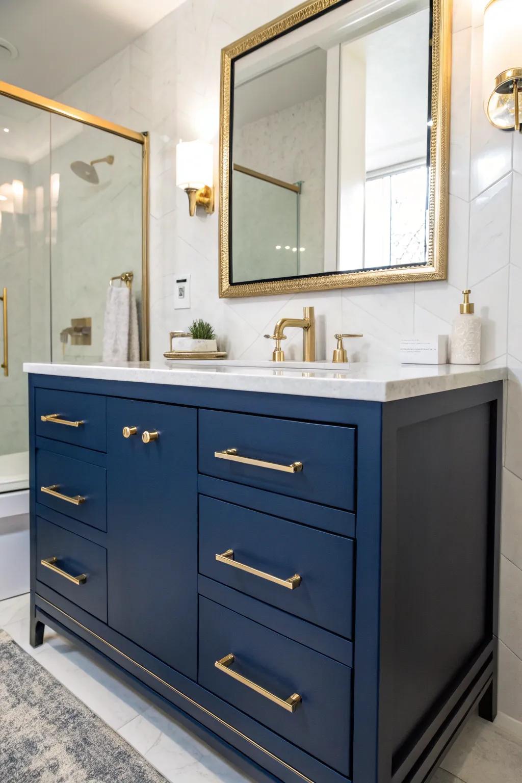 Gilded touches enhance the deep sea blue washstand's refinement.