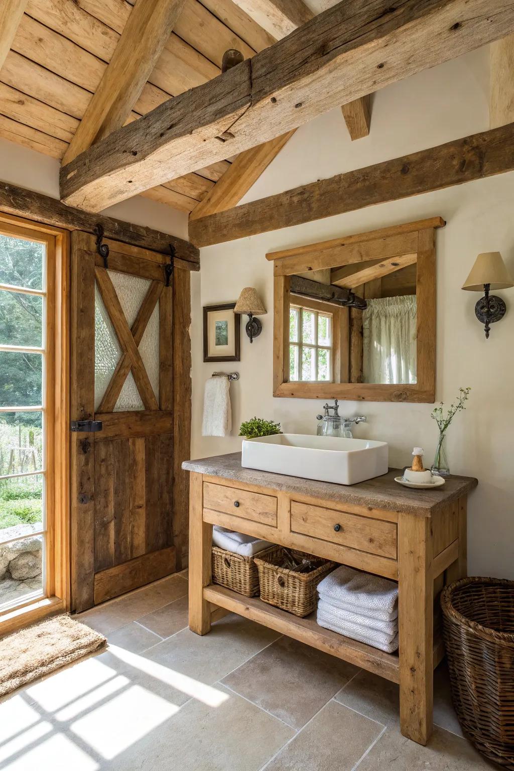 A country bathroom highlighting the allure of natural wood features.