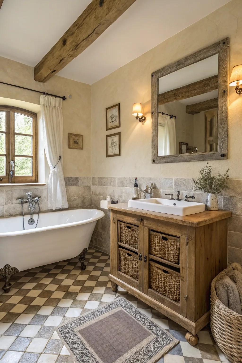 Neutral tones fashion a tranquil ambiance in this country bathroom.