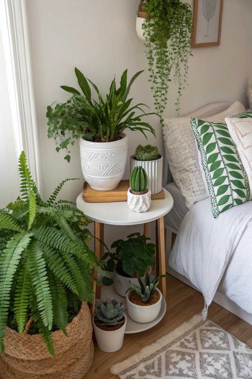 Potted plants enhance the nature theme and add lively elements.