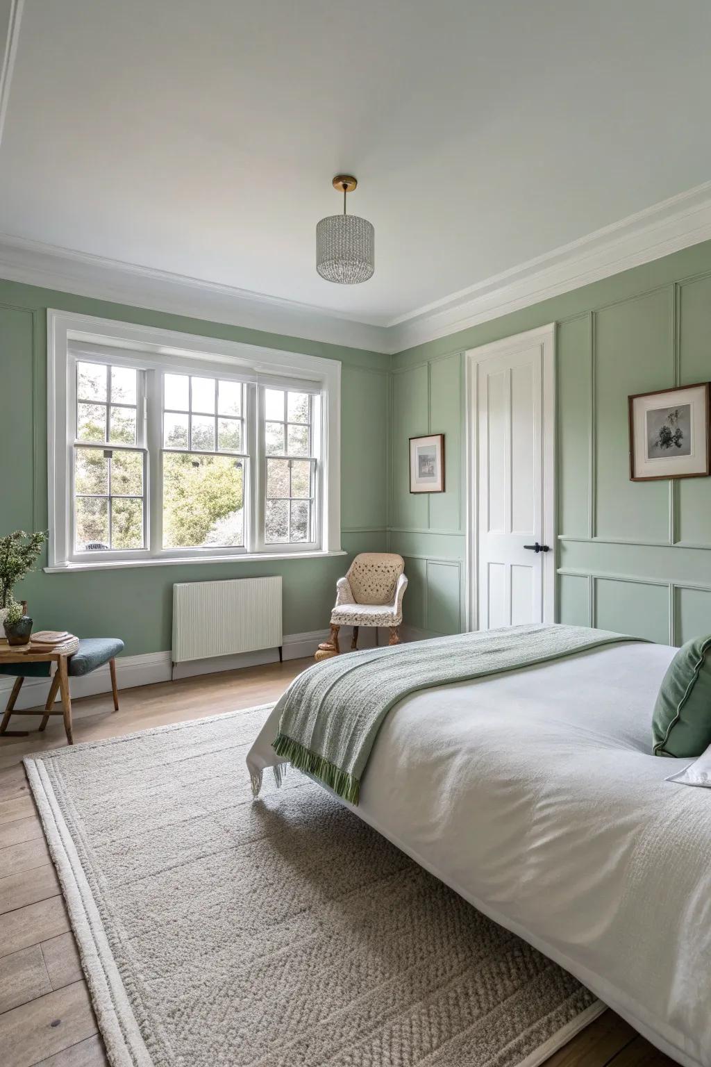 Walls in sage green complemented by white trim create a peaceful setting.