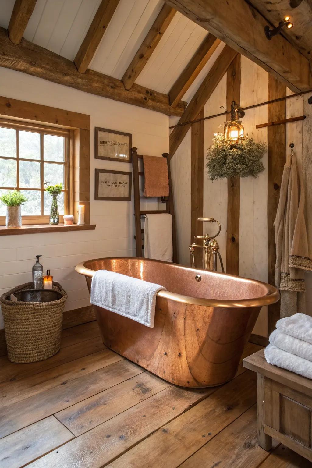 A copper bathtub serves as a luxurious point of interest in this country bathroom.