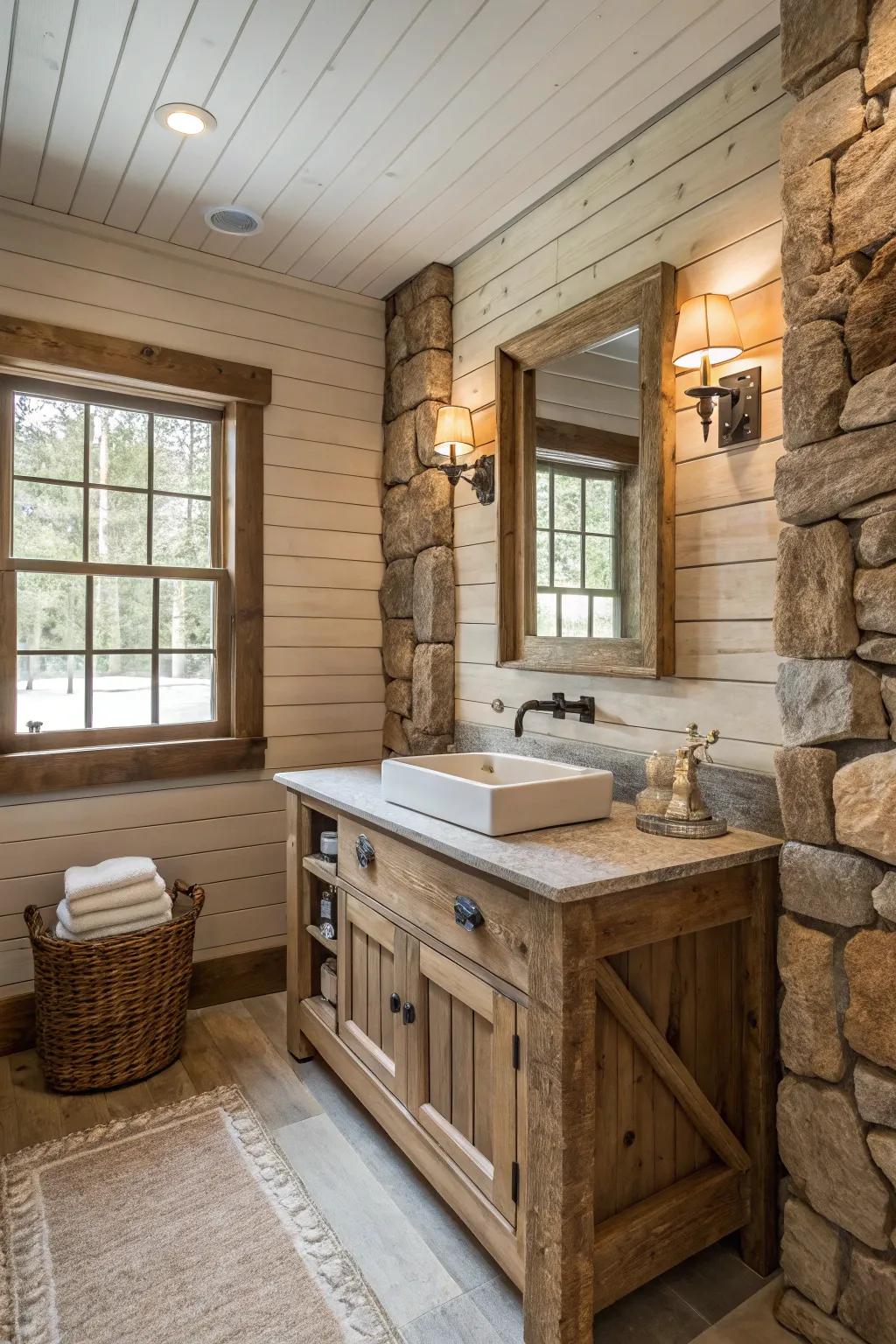 Textured materials lend charm and character to this rustic bathroom.