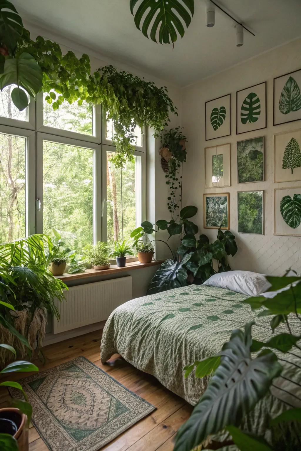 Leafy prints and plants transform a bedroom into a botanical retreat.