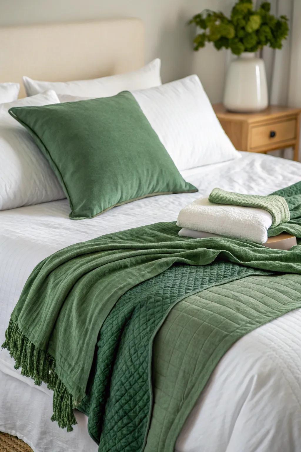 Layered fabrics bring style and comfort to a green and white bedroom.