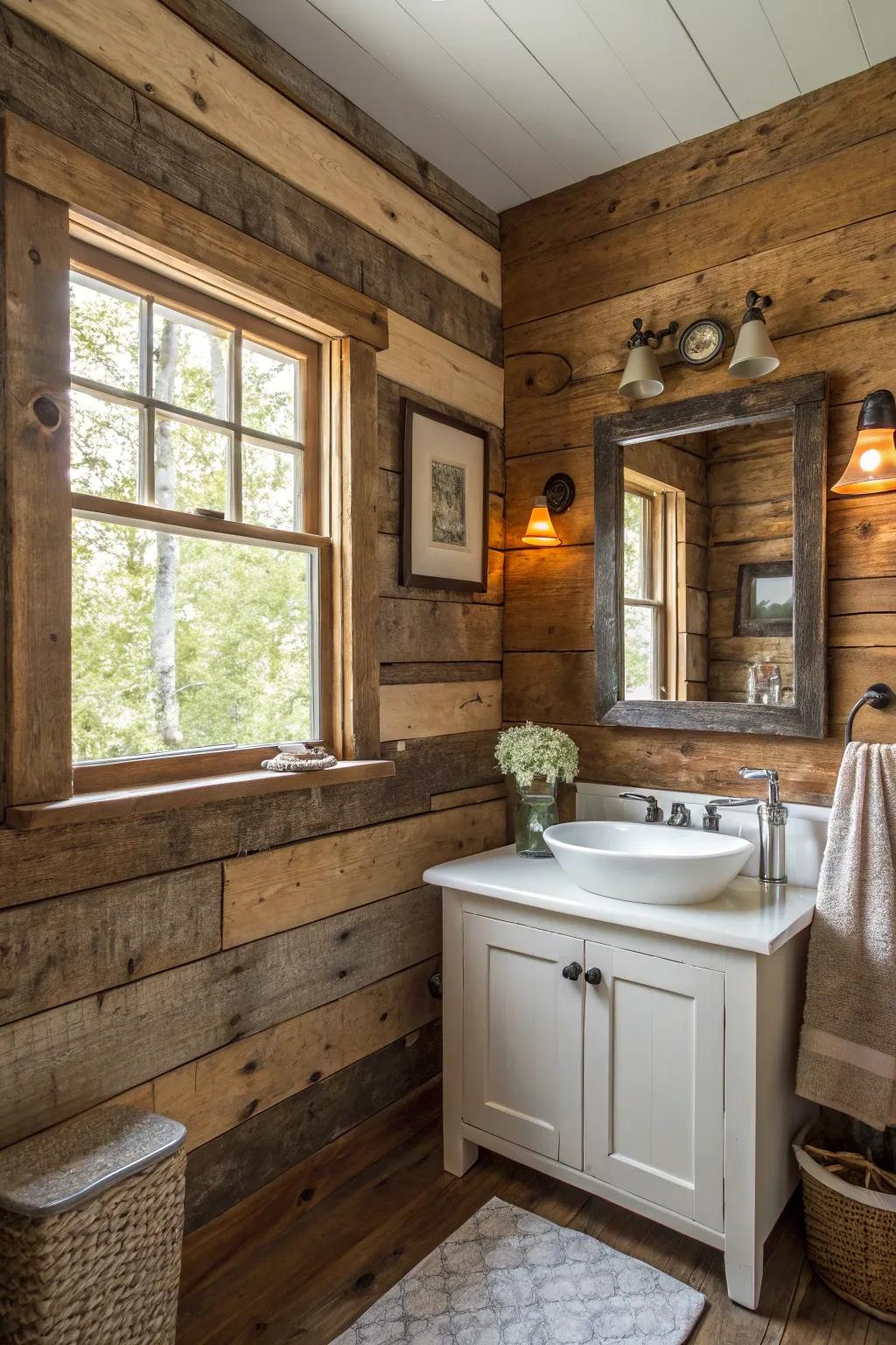 This salvaged wood feature wall adds a striking point of interest.