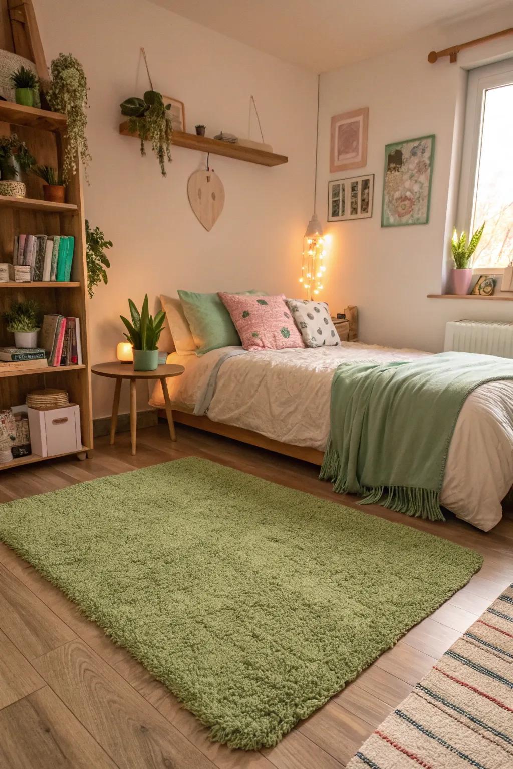 A green rug secures the room and adds warmth.