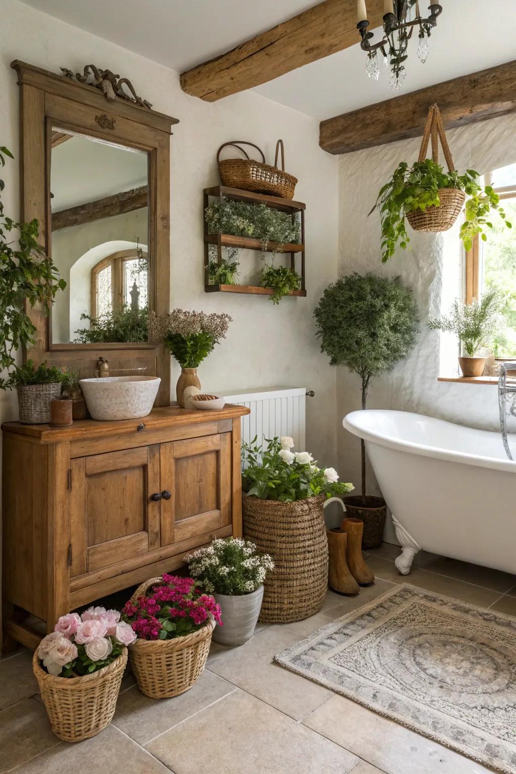 Greenery infuses life into this inviting country bathroom.