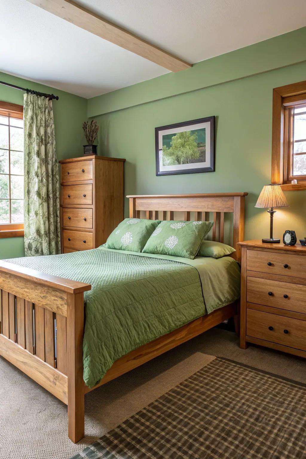 Natural wood accents enhance the tones of green perfectly.