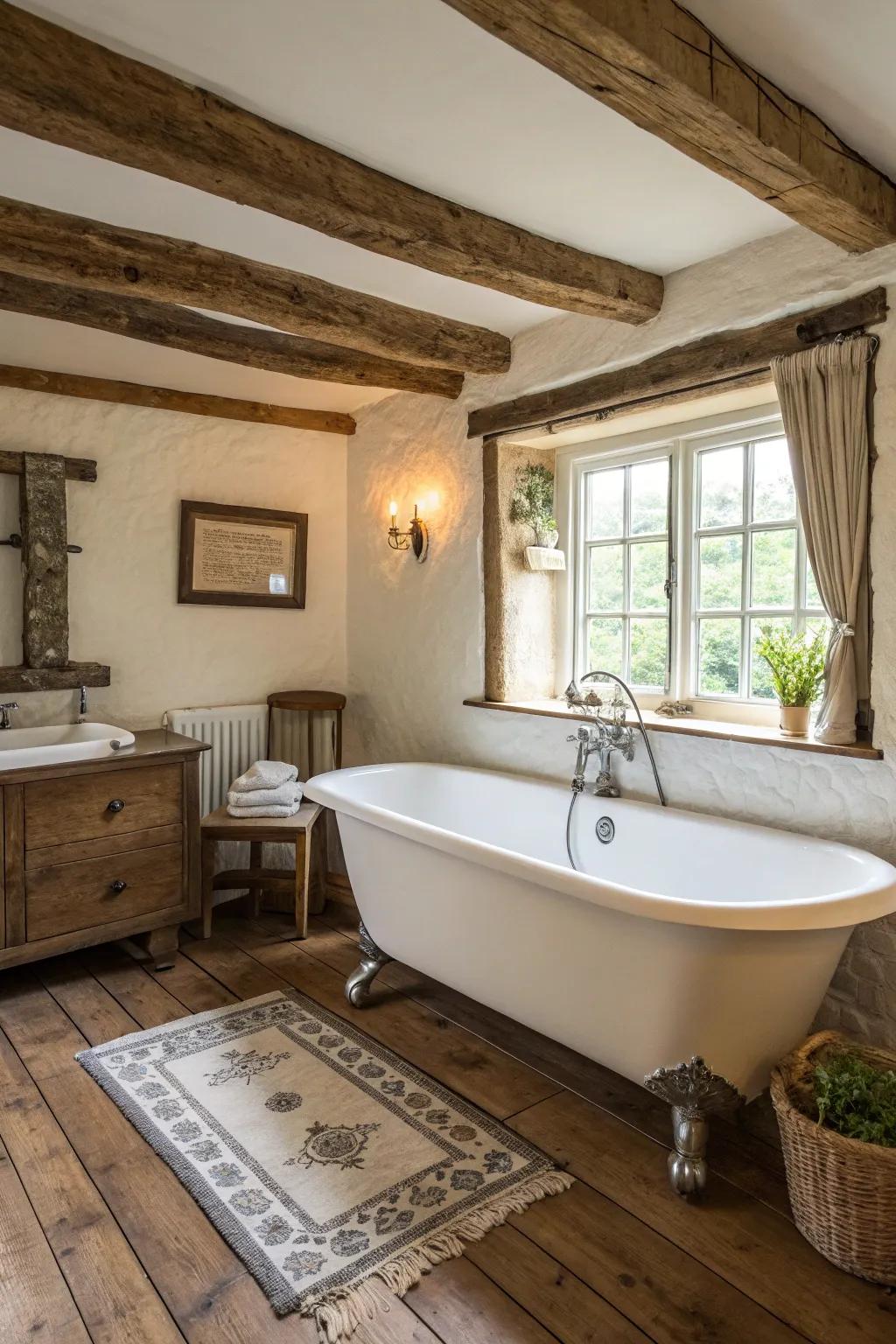 A standalone clawfoot bathtub beautifully complements this rustic bathroom design.