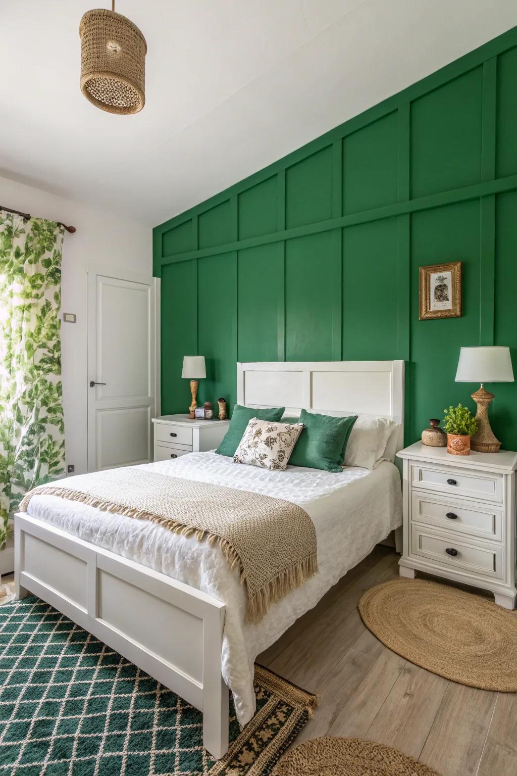 A striking green accent wall adds depth and visual interest.