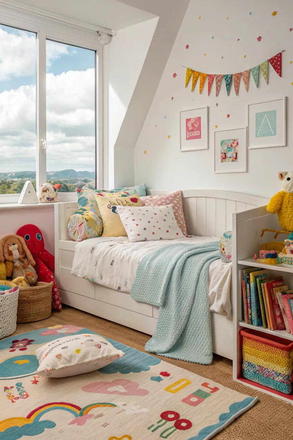 A playful daybed arrangement in a child’s room, ideal for sleep and recreation.