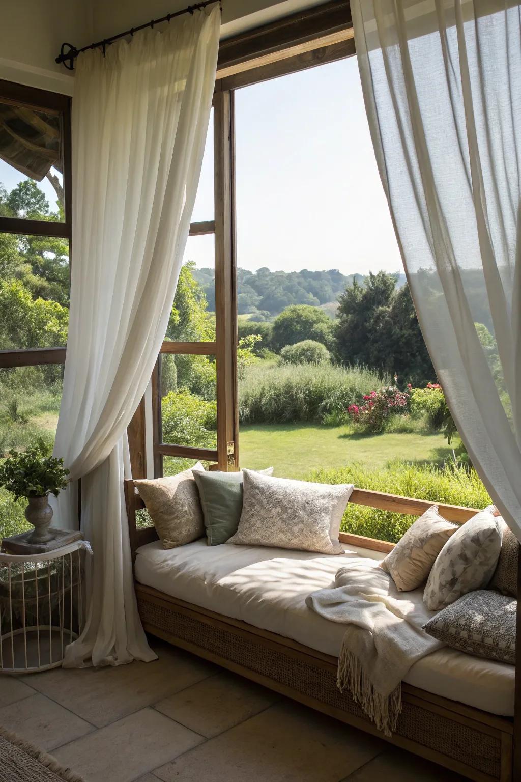 A daybed ideally positioned by a window, providing natural light and picturesque scenery.