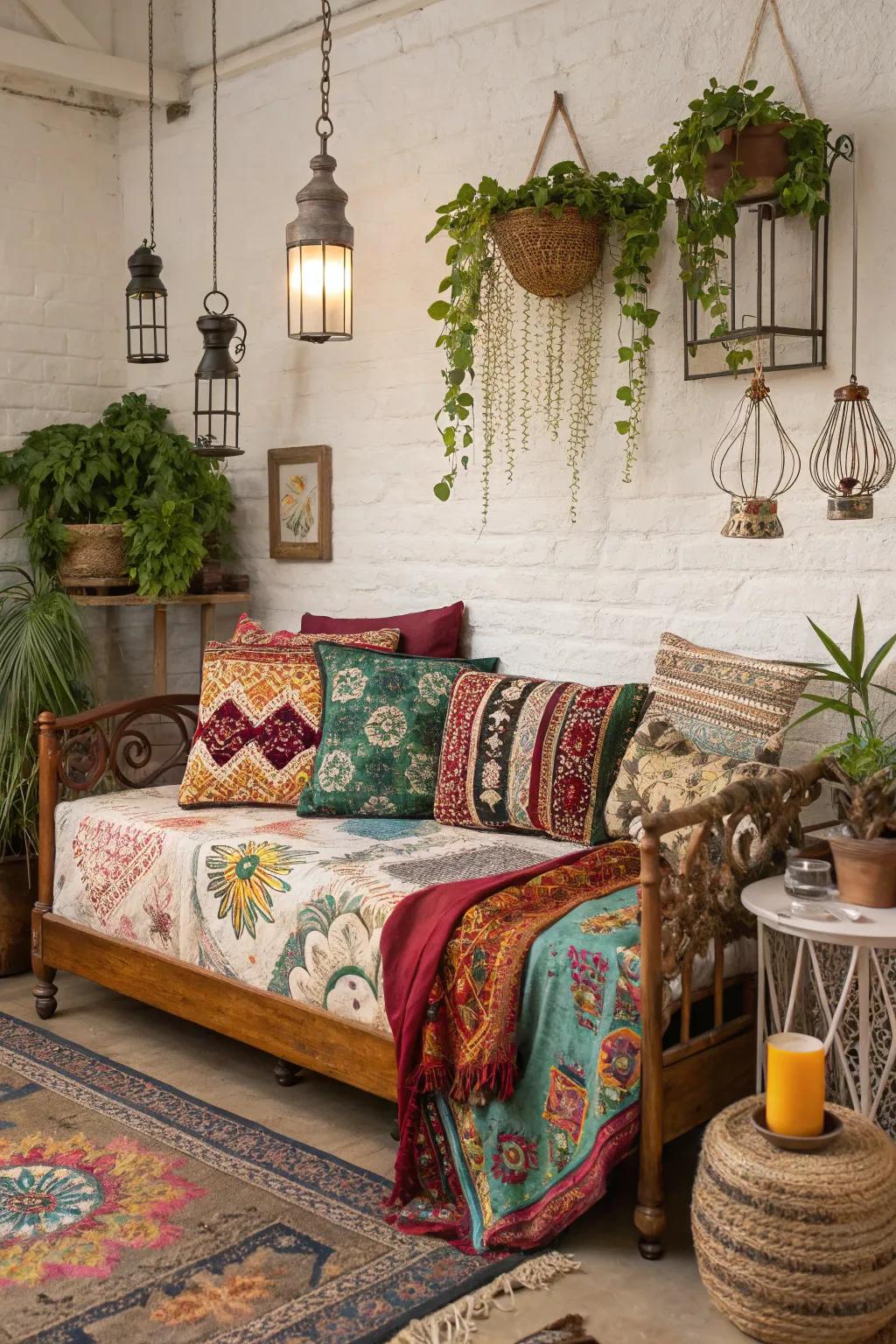 A bohemian-inspired daybed layout filled with rich patterns and textures.