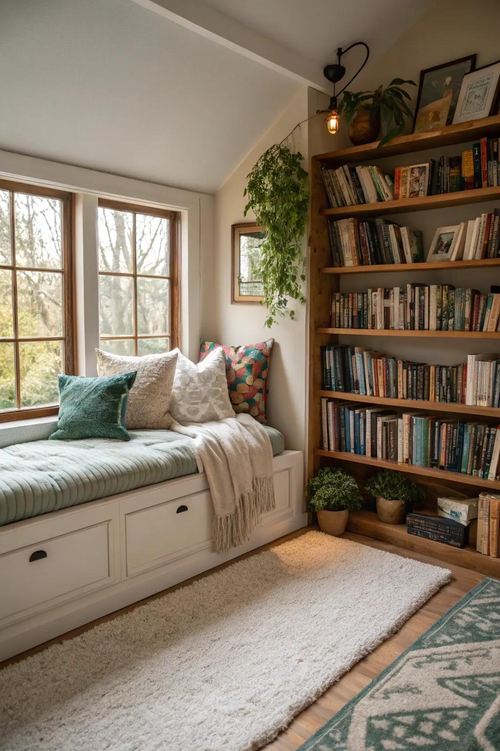 A cozy reading corner featuring a daybed, tailored for those who cherish literature.