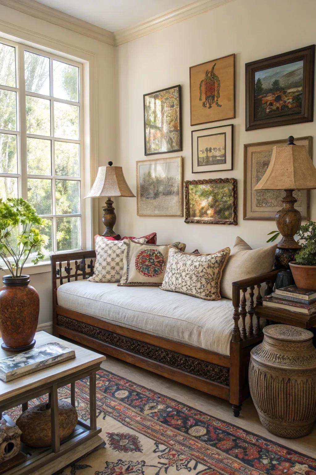 A daybed enhanced by artistic accents, forming a compelling visual centerpiece.