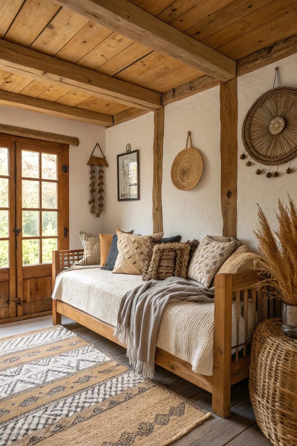 A rustic daybed design that embraces natural materials and simple elegance.
