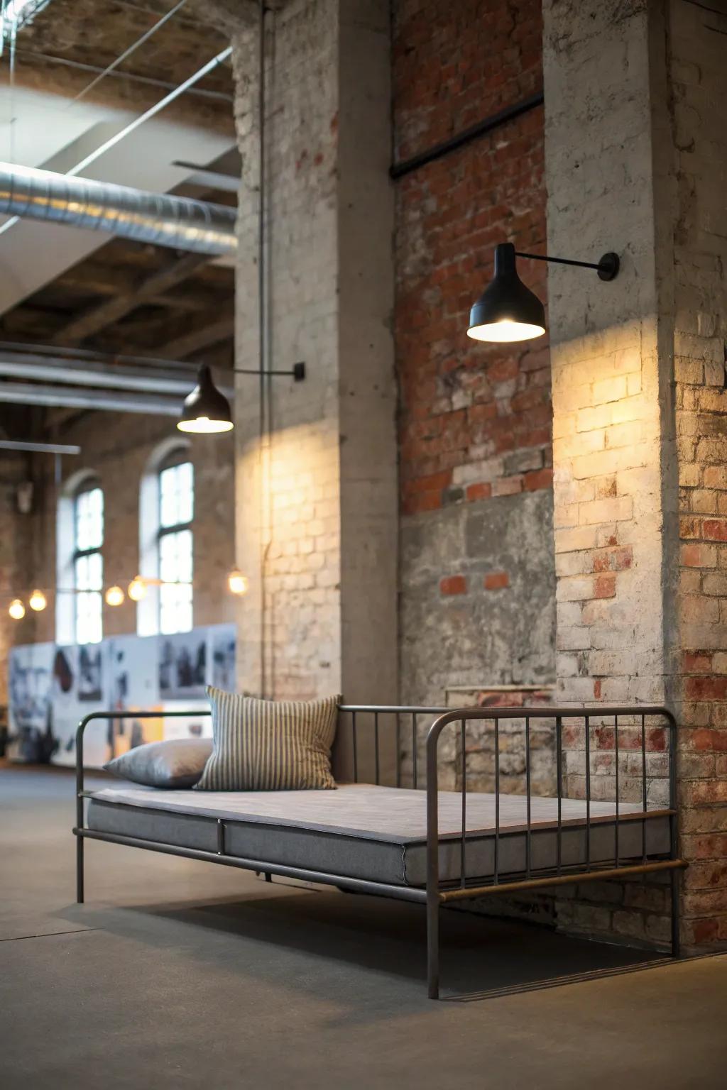An industrial chic daybed design, blending raw materials with modern aesthetics.