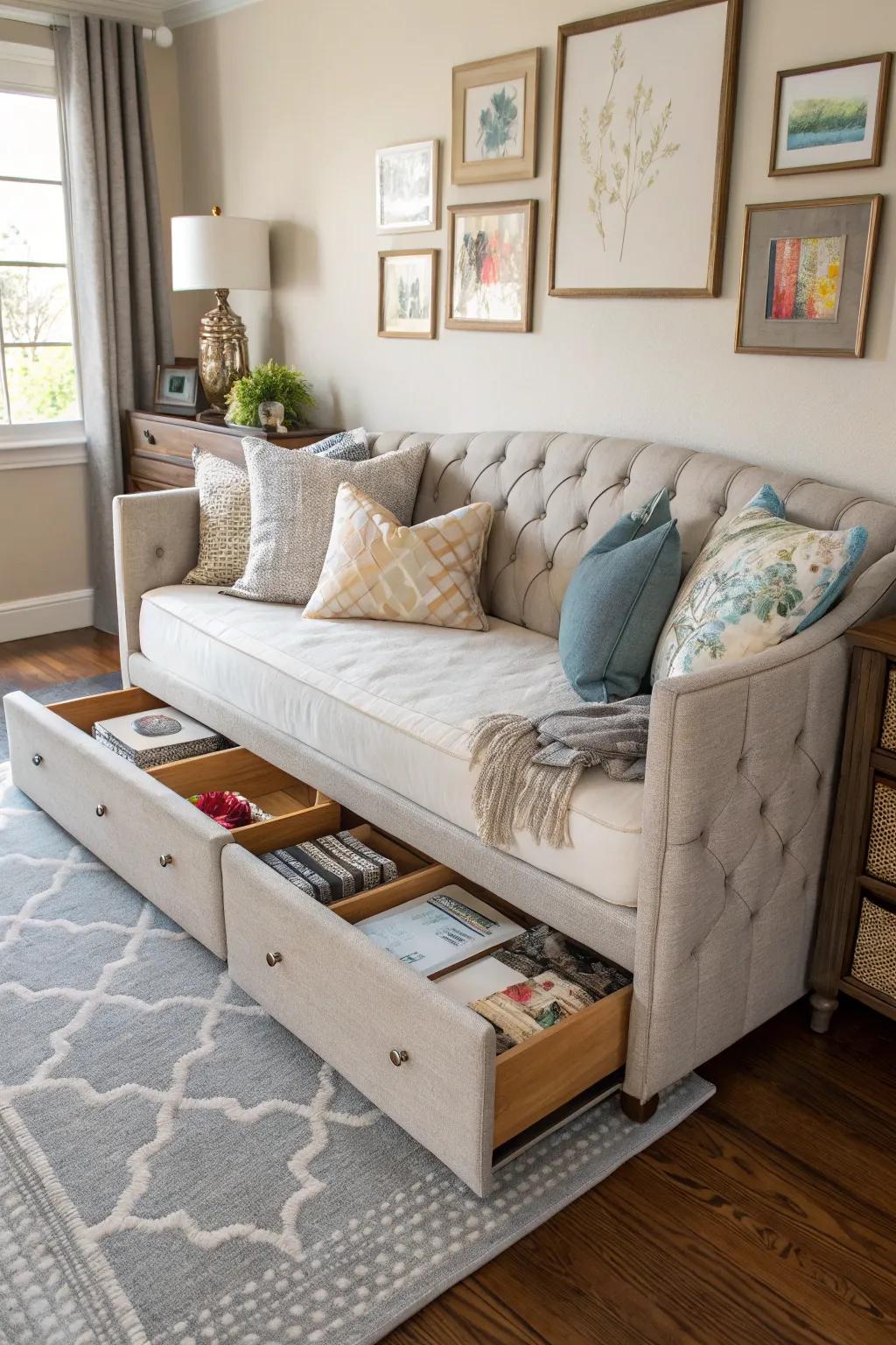 A daybed featuring storage drawers, an excellent addition to ensure a neat and organized living space.