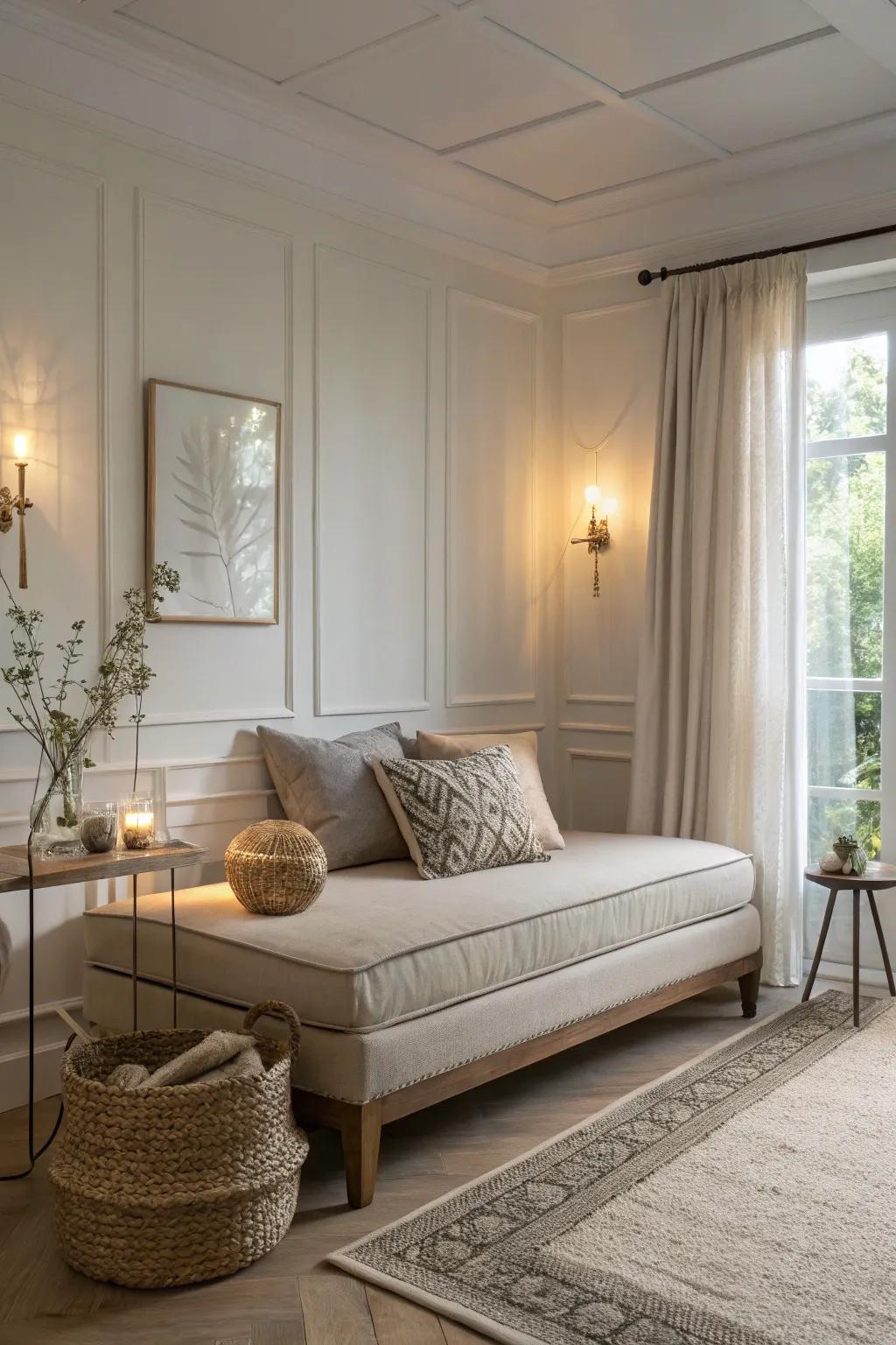 A neutral-toned daybed design that promotes harmony and tranquility.